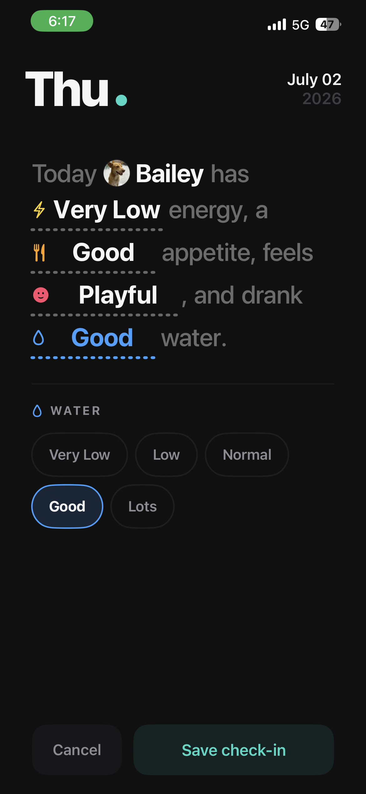 Daily check-in sentence UI