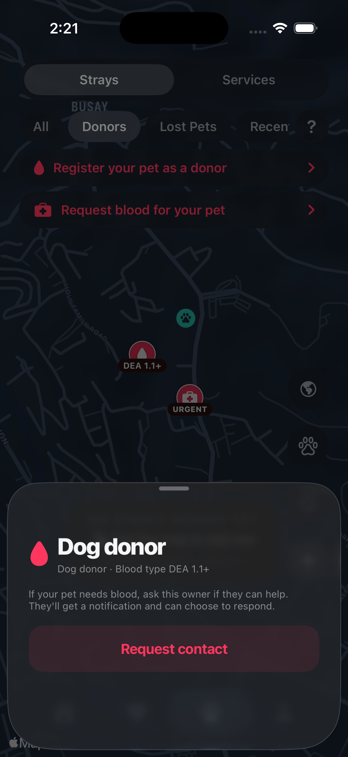 Request blood for your pet — donor detail with Request contact
