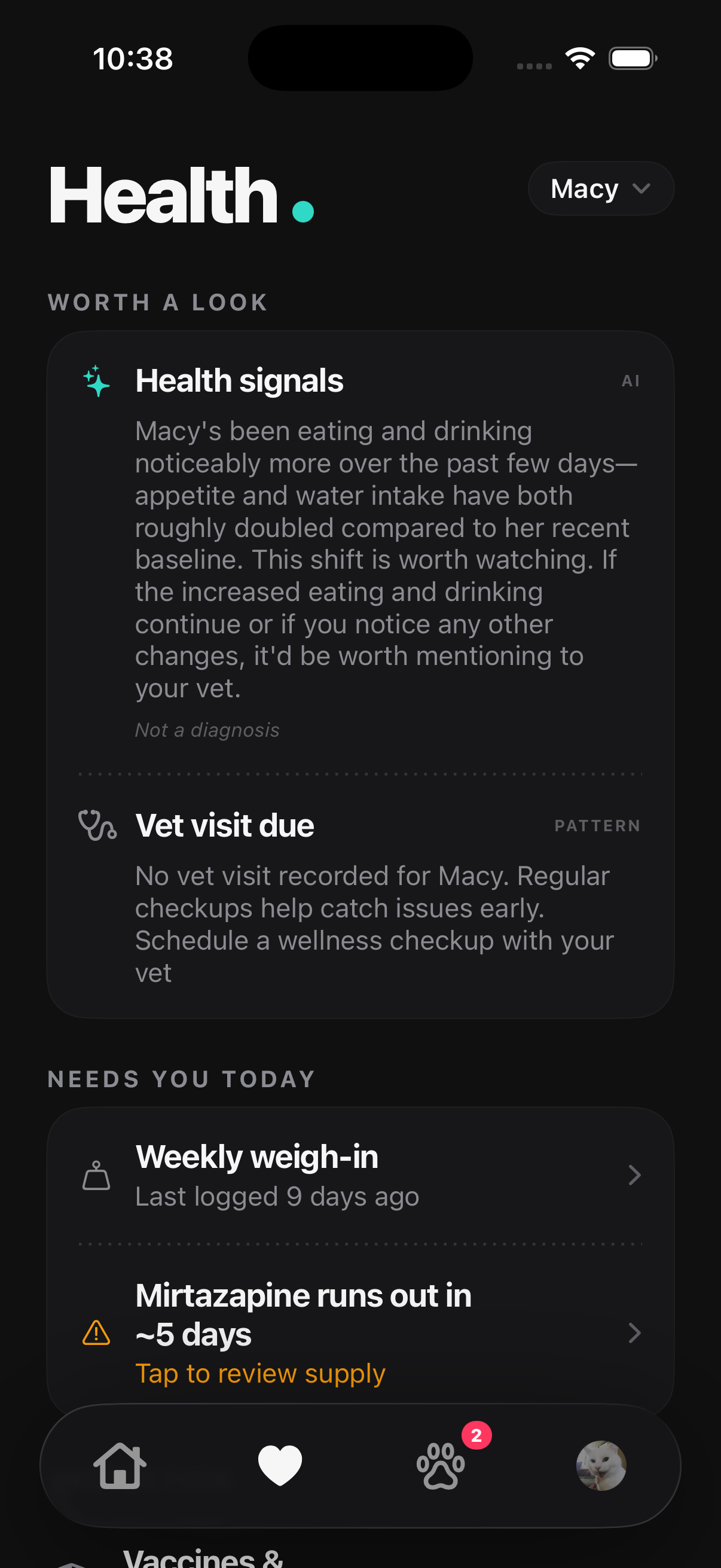 Health tab — AI health signals and vet-visit reminders for Macy