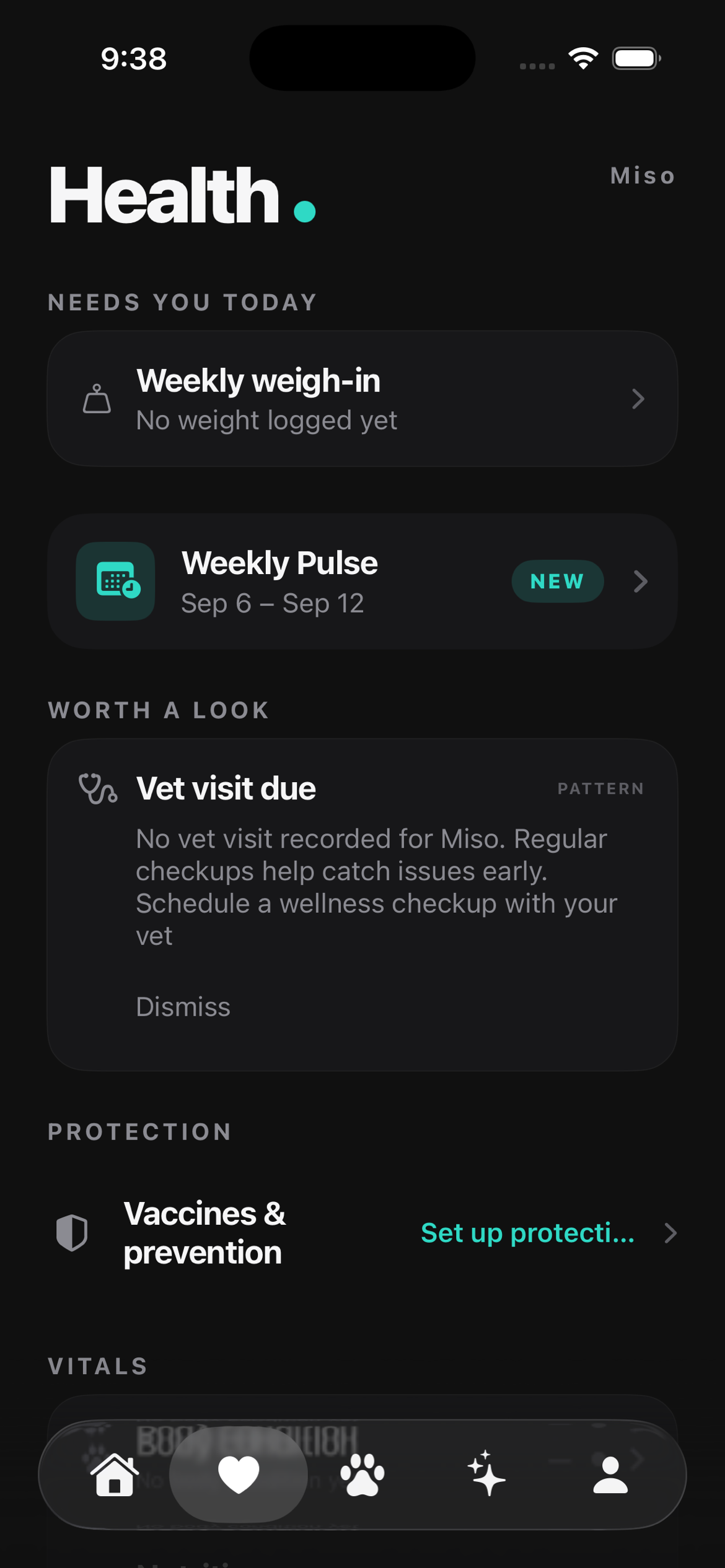 Health tab on Pro — the Weekly Pulse card unlocked and marked NEW