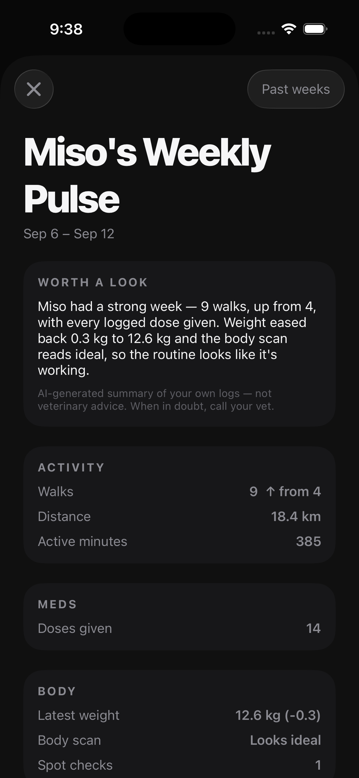 Miso's Weekly Pulse — a written summary above activity, meds and body sections