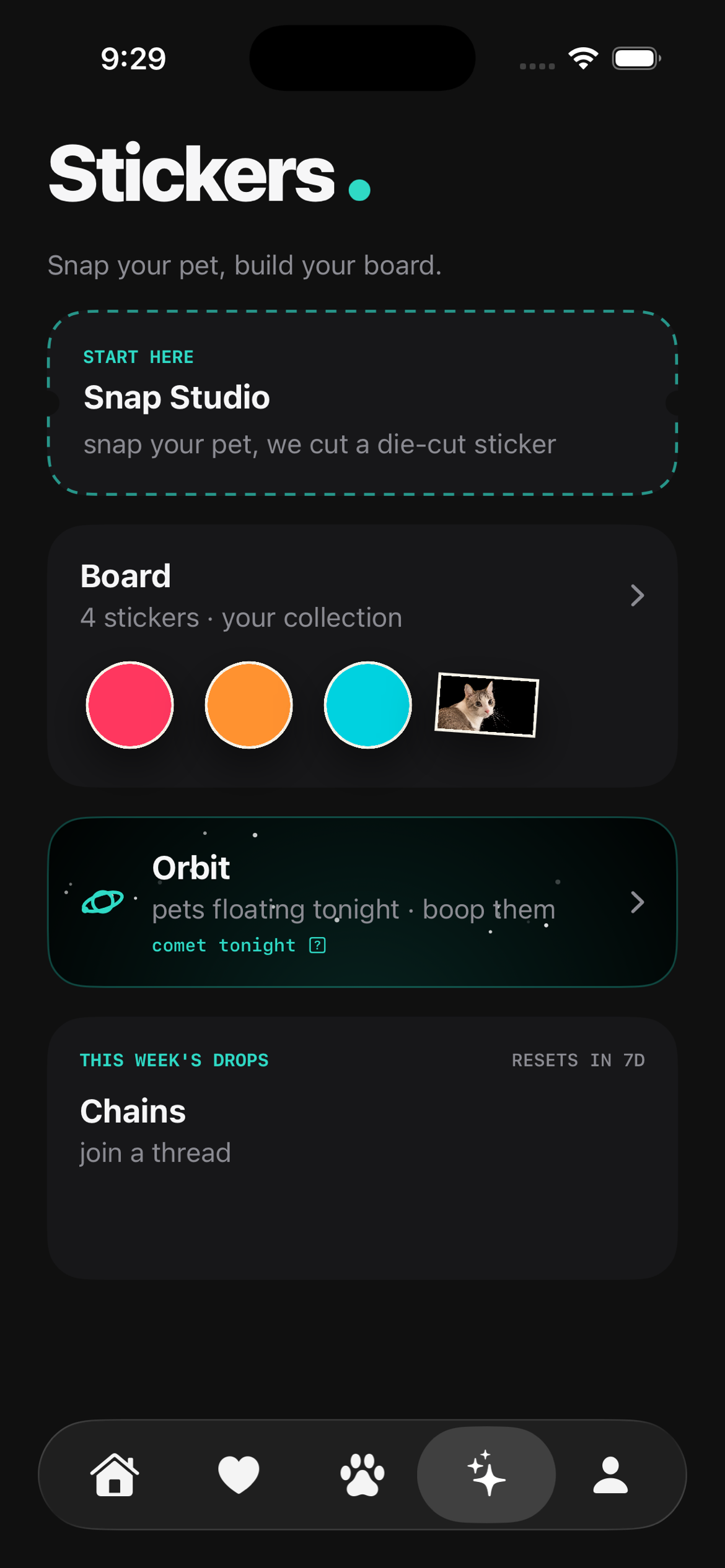 The Stickers tab — Snap Studio, Board, Orbit and Chains