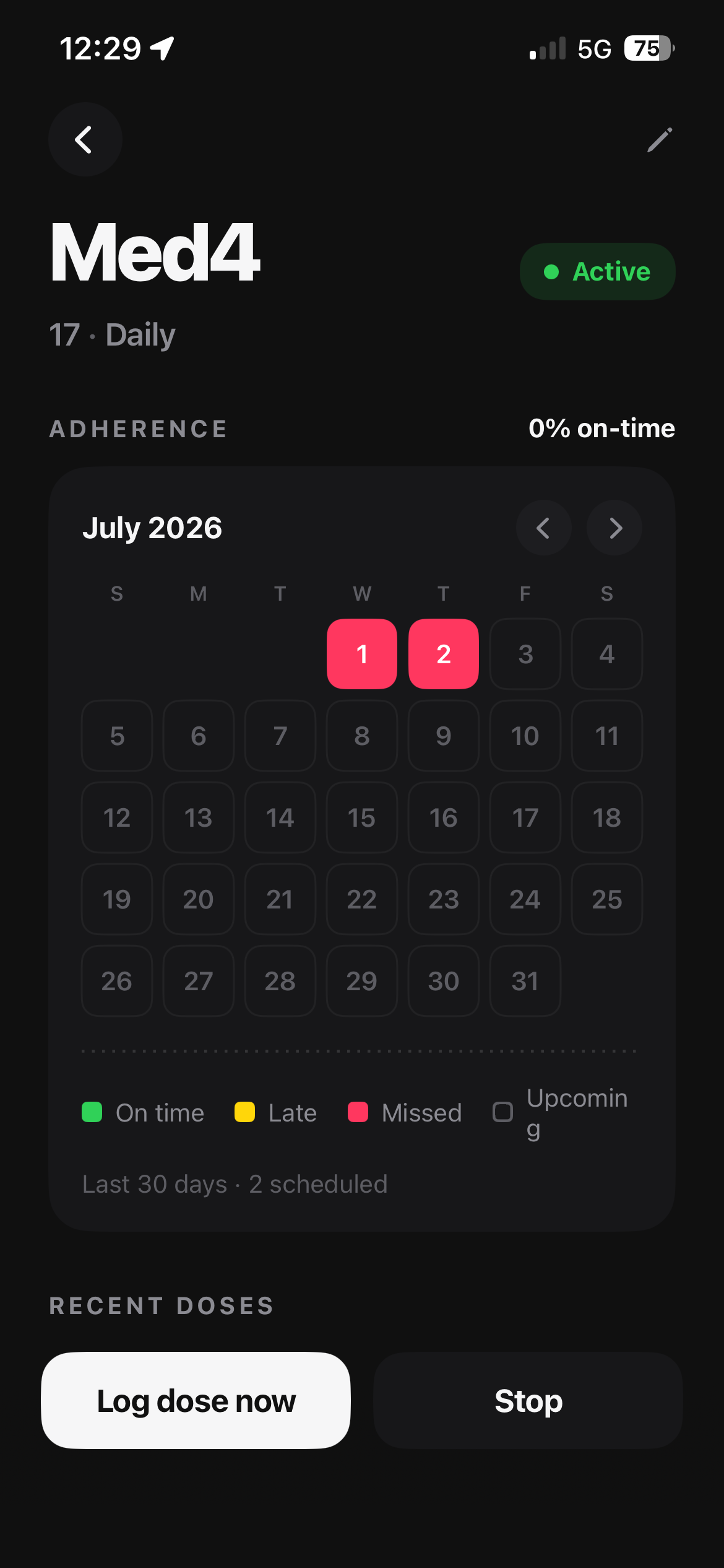 Medication detail with adherence calendar